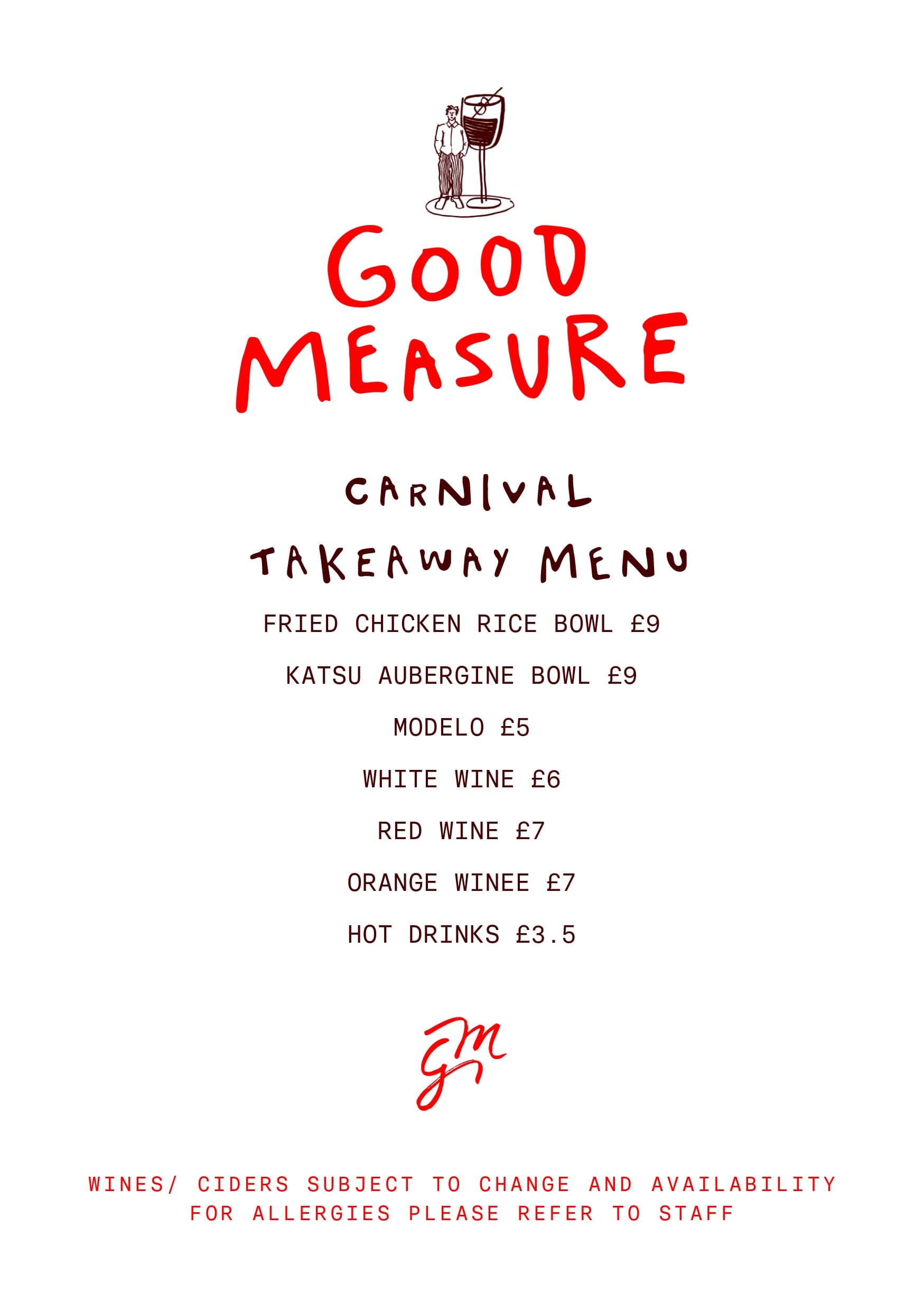The Good Measure carnival takeaway menu: fried chicken rice bowl and katsu aubergine bowl at nine pounds, Modelo, white, red and orange wine, and hot drinks