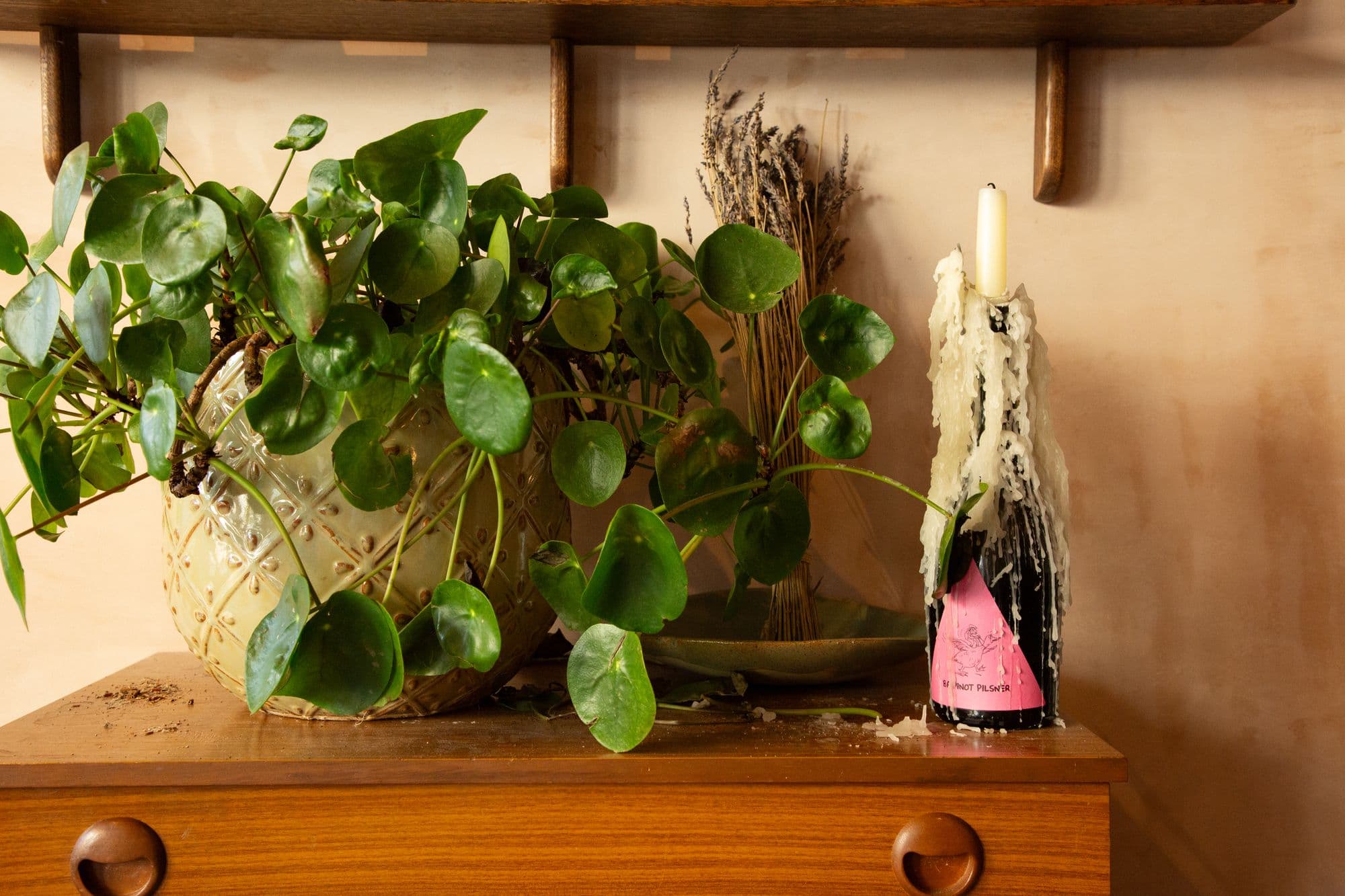 A pilea plant, dried lavender and a candle burning in a wax-covered bottle on a wooden sideboard